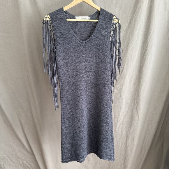 Miilla Knit Tunic Mini Dress Gray Boho Festival Chic Fringed Sleeves Women's L - Picture 3 of 12